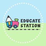 Educate Station logo featuring a cartoon train engine with a pencil as the front, pink body, and green smokestack. The train sits on a track, and to the right, bold black text reads 'Educate Station.' The background is split horizontally with blue on top and green on the bottom, surrounded by a dotted white circle.