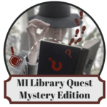 MiLibraryQuest logo with mysterious figure holding an open book with footprints and question marks falling out