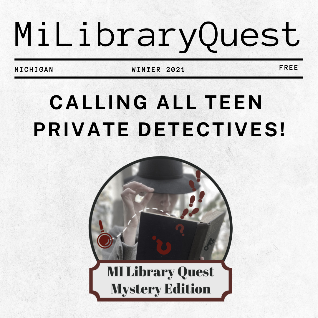 MiLibraryQuest logo with mysterious figure holding an open book with footprints and question marks falling out