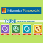 Britannica Fundamentals logo with a blue banner at the top and colorful icons below labeled “Read,” “Explore,” “Play,” and “Create.” The background is green, and the text at the center reads, “Hello! How do you want to learn today?”