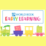 World Book Early Learning logo on a yellow background, featuring colorful cartoon train cars carrying books with titles like “Read with me!” and “The Cat Sat on a Mat.”