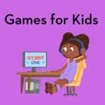 Illustration with the title “Games for Kids” on a purple background. A girl wearing headphones is seated at a computer desk with a monitor displaying the words “Start Game.”