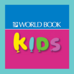World Book Kids logo with a blue upper section displaying the white World Book logo and text. Below it, a pink background features the word 'KIDS' in colorful balloon-style letters: yellow K, blue I, green D, and purple S.
