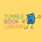 TumbleBook Library logo featuring the words “TumbleBook Library” alongside a smiling blue book character walking with arms and legs.