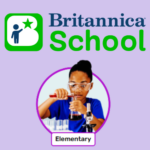 Britannica School Elementary logo on a light purple background, featuring a young person wearing safety goggles and using science lab equipment inside a circular frame labeled “Elementary.”