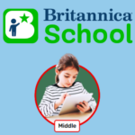 Britannica School Middle logo on a light blue background, featuring a young girl using a tablet inside a circular frame labeled “Middle.”