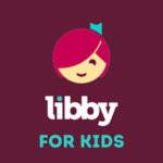 Libby for Kids logo featuring the cartoon face of Libby with pink hair and a teal bookmark accessory. Below the face, the word 'libby' is in white lowercase text, and 'FOR KIDS' is written in teal capital letters on a dark maroon background.