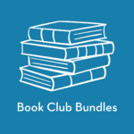 White outline of a stack of books on a blue background. Below the image, the text reads “Book Club Bundles.”