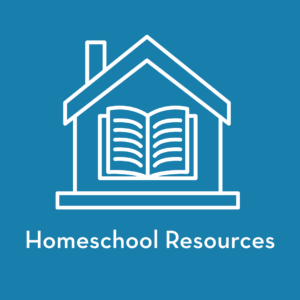 White outline of a house with an open book inside, set against a blue background. Below the image, the text reads “Homeschool Resources.”