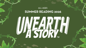  The image is a promotional graphic for a summer reading program. It features a dark green background decorated with light green illustrated vines and leaves framing the edges, along with faint dinosaur footprints trailing across the center. 